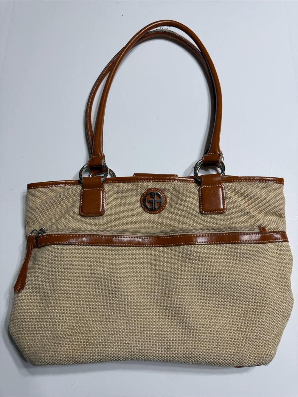 Giani Bernini Canvas Tote with Brown Trim and Exterior Zip Pocket